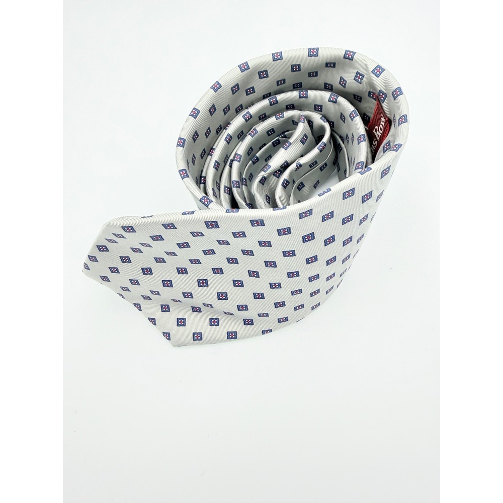 Adams Row Mens Necktie Silver Grey Navy Blue Red Geometric Medallion Silk Tie